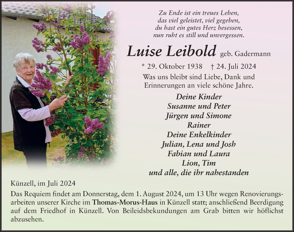  Traueranzeige für Luise Leibold vom 27.07.2024 aus FZ