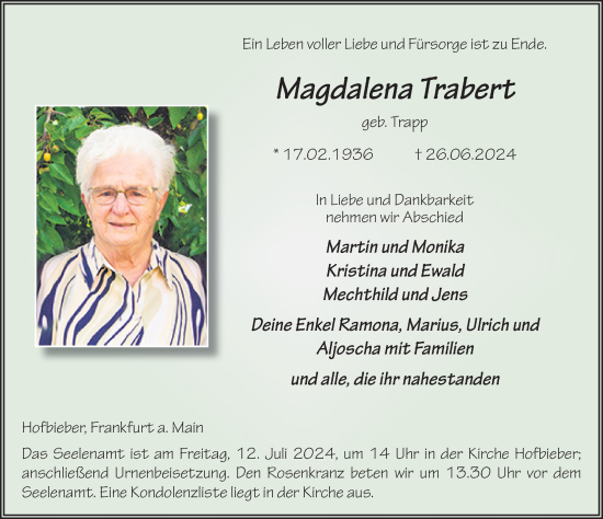Traueranzeige von Magdalena Trabert von FZ