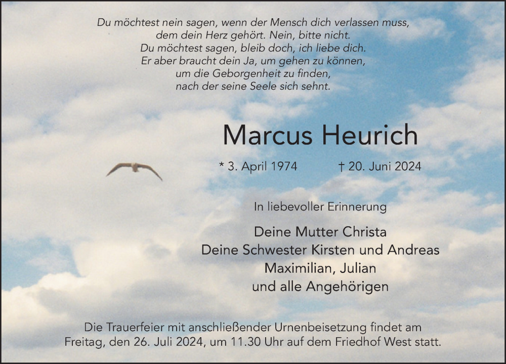  Traueranzeige für Marcus Heurich vom 20.07.2024 aus FZ