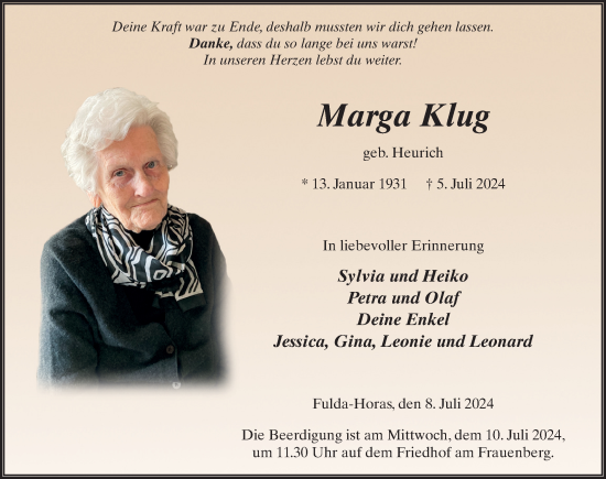 Traueranzeige von Marga Klug von FZ