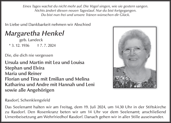 Traueranzeige von Margaretha Henkel von FZ