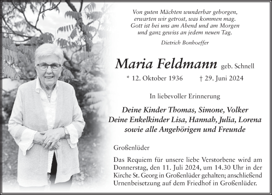 Traueranzeige von Maria Feldmann von FZ