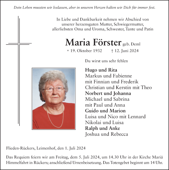 Traueranzeige von Maria Förster von FZ