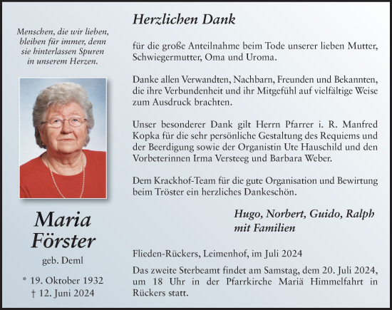 Traueranzeige von Maria Förster von FZ