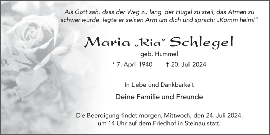 Traueranzeige von Maria Schlegel von FZ