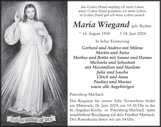 Traueranzeige von Maria Wiegand von FZ