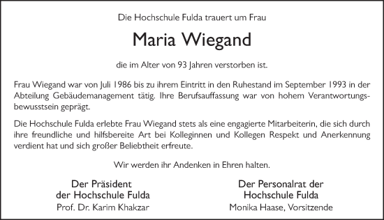Traueranzeige von Maria Wiegand von FZ