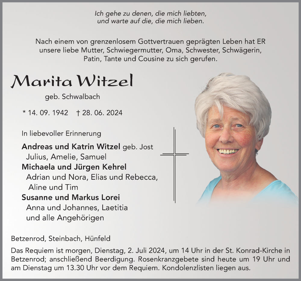  Traueranzeige für Marita Witzel vom 01.07.2024 aus FZ