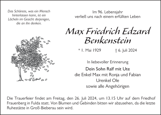 Traueranzeige von Max Friedrich Edzard Benkenstein von FZ