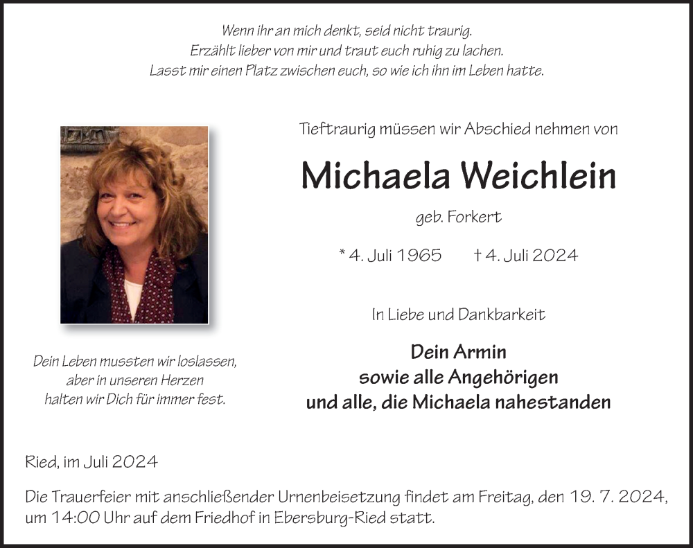  Traueranzeige für Michaela Weichlein vom 16.07.2024 aus FZ