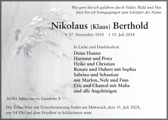 Traueranzeige von Nikolaus Berthold von FZ