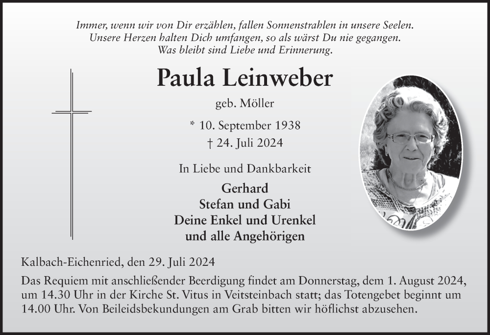  Traueranzeige für Paula Leinweber vom 29.07.2024 aus FZ