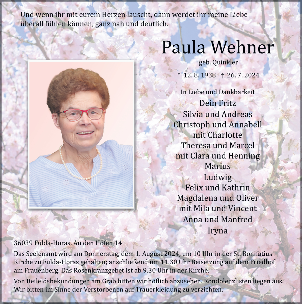  Traueranzeige für Paula Wehner vom 30.07.2024 aus FZ