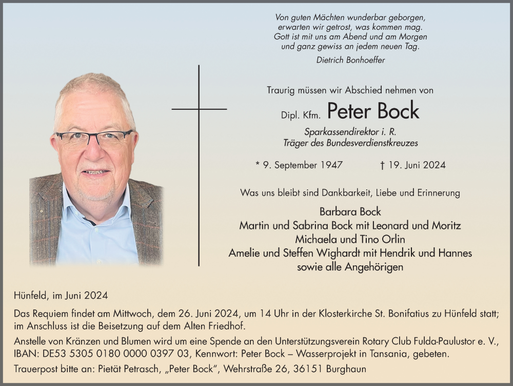  Traueranzeige für Peter Bock vom 22.06.2024 aus FZ