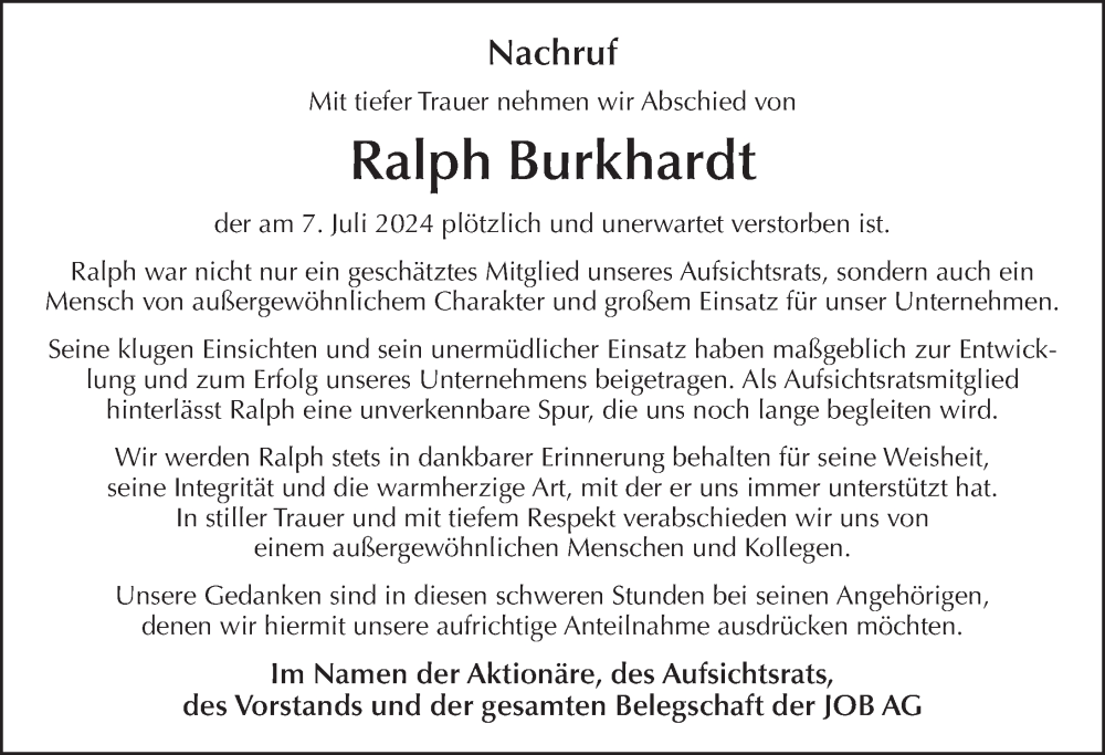  Traueranzeige für Ralph Burkhardt vom 13.07.2024 aus FZ