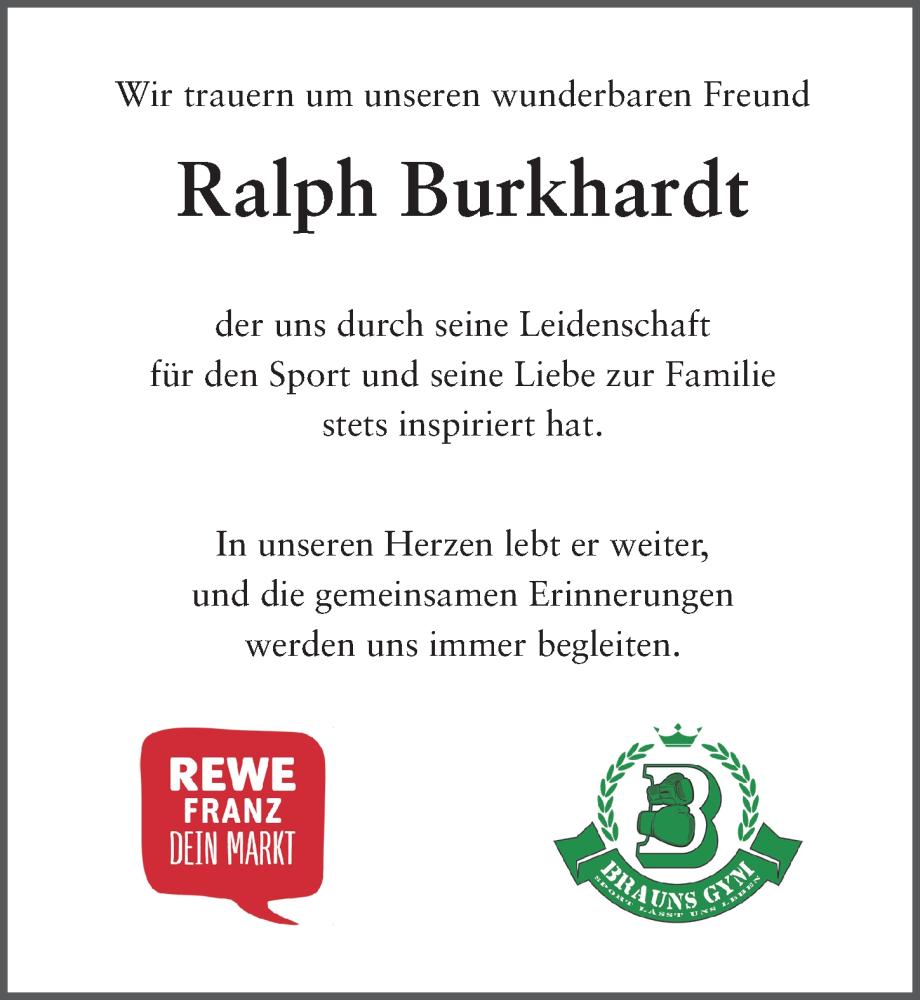  Traueranzeige für Ralph Burkhardt vom 13.07.2024 aus FZ