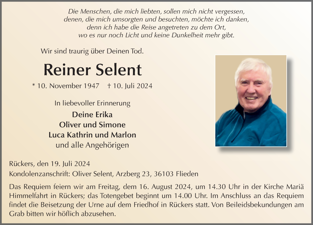  Traueranzeige für Reiner Selent vom 19.07.2024 aus FZ