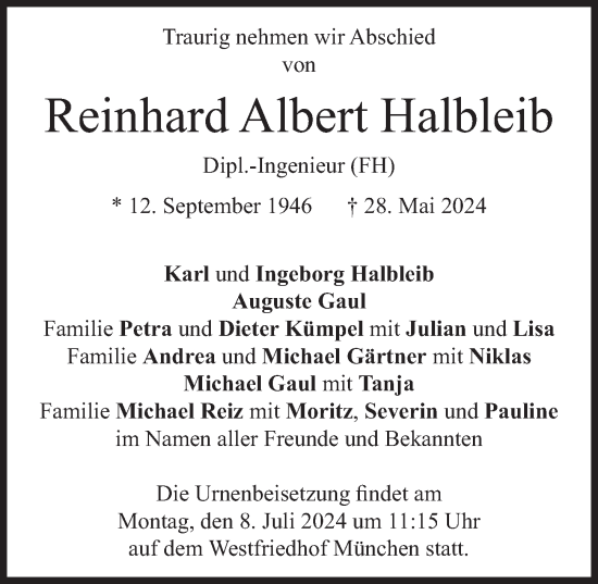 Traueranzeige von Reinhard Albert Halbleib von FZ