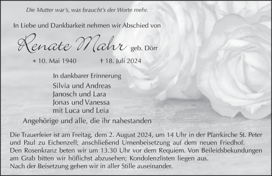 Traueranzeige von Renate Mahr von FZ