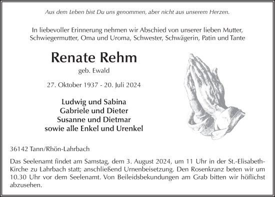 Traueranzeige von Renate Rehm von FZ