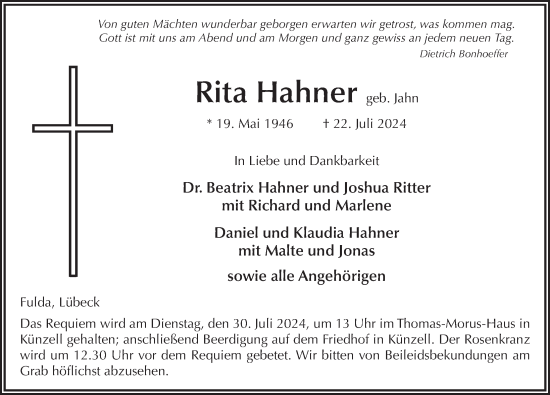 Traueranzeige von Rita Hahner von FZ