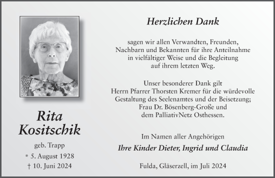 Traueranzeige von Rita Kositschik von FZ