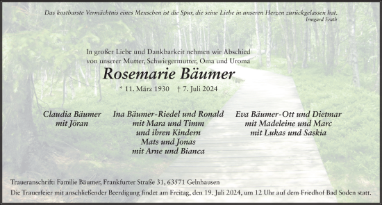 Traueranzeige von Rosemarie Bäumer von FZ