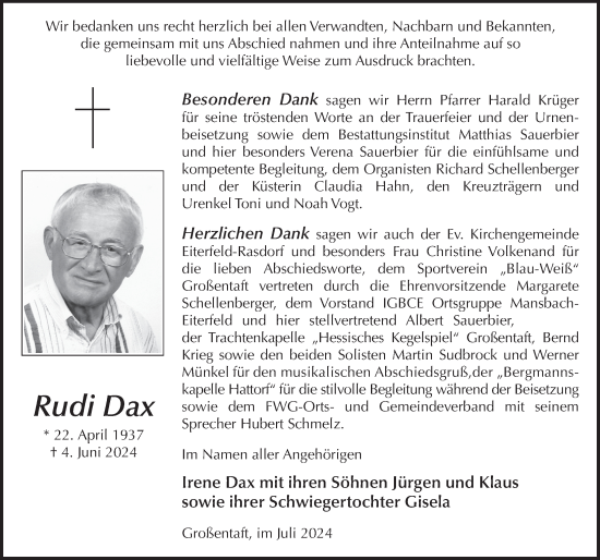 Traueranzeige von Rudi Dax von FZ