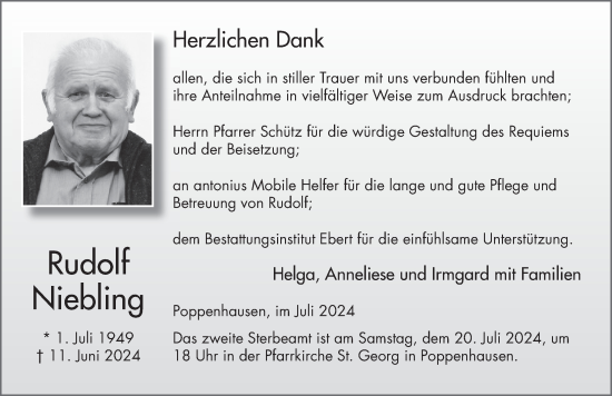 Traueranzeige von Rudolf Niebling von FZ