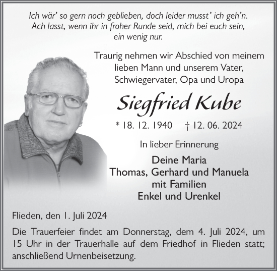 Traueranzeige von Siegfried Kube von FZ