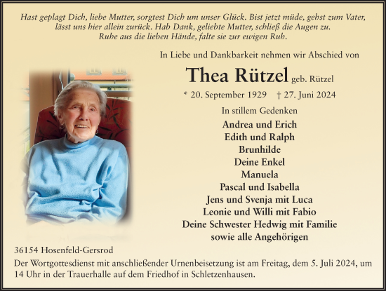 Traueranzeige von Thea Rützel von FZ
