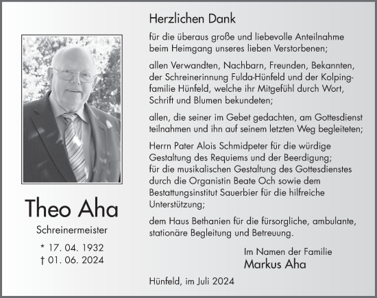 Traueranzeige von Theo Aha von FZ