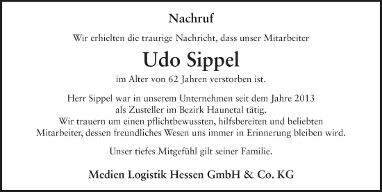 Traueranzeige von Udo Sippel von FZ