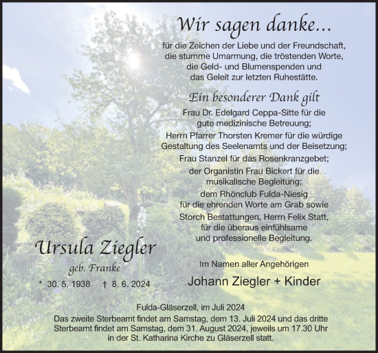 Traueranzeige von Ursula Ziegler von FZ