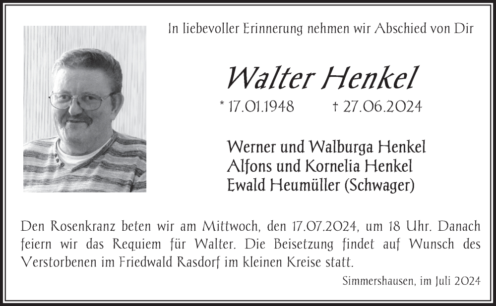  Traueranzeige für Walter Henkel vom 12.07.2024 aus FZ