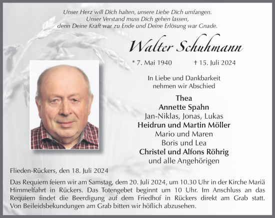 Traueranzeige von Walter Schuhmann von FZ