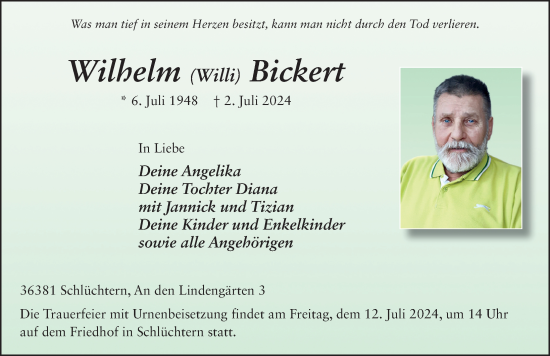 Traueranzeige von Wilhelm Bickert von FZ