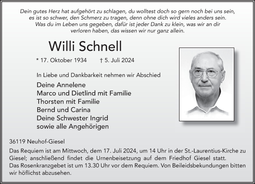  Traueranzeige für Willi Schnell vom 13.07.2024 aus FZ
