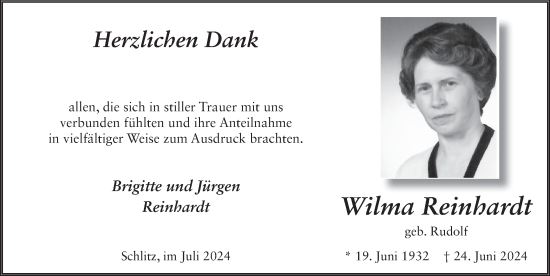 Traueranzeige von Wilma Reinhardt von FZ