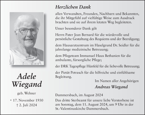 Traueranzeige von Adele Wiegand von FZ