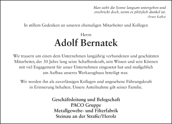 Traueranzeige von Adolf Bernatek von FZ