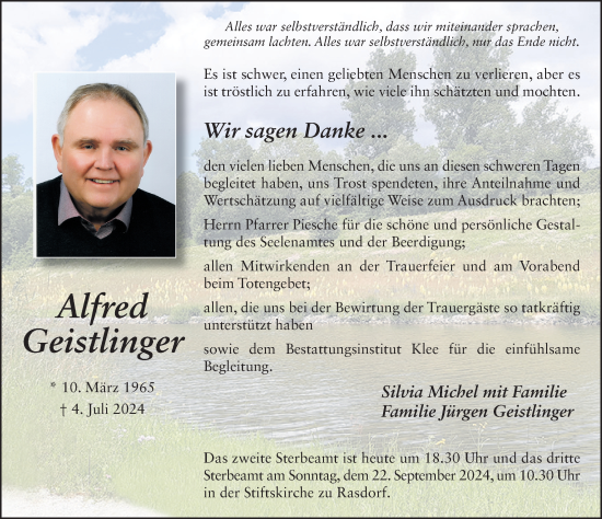 Traueranzeige von Alfred Geistlinger von FZ