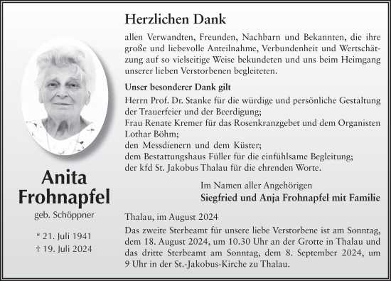 Traueranzeige von Anita Frohnapfel von FZ