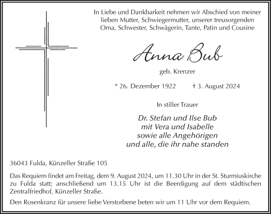 Traueranzeige von Anna Bub von FZ