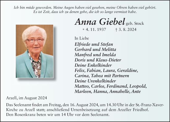 Traueranzeige von Anna Giebel von FZ