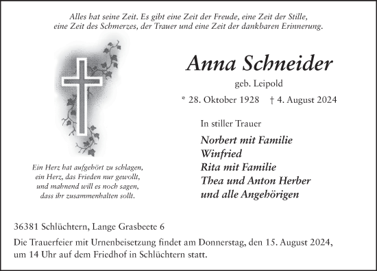Traueranzeige von Anna Schneider von FZ