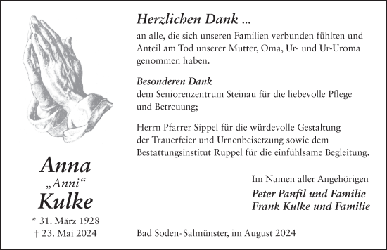 Traueranzeige von Anna Teresia Kulke von FZ