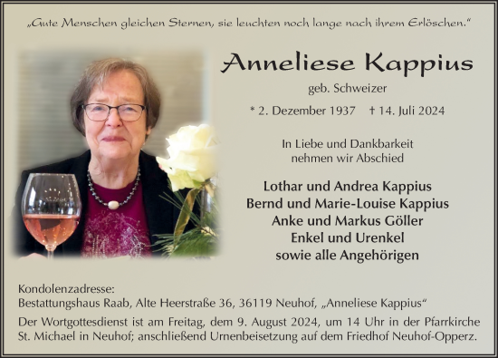 Traueranzeige von Anneliese Kappius von FZ