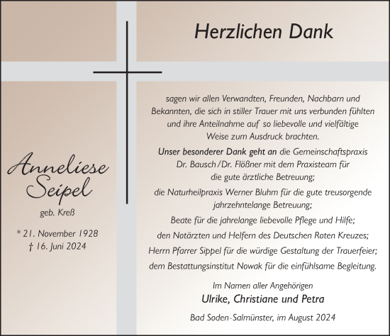 Traueranzeige von Anneliese Seipel von FZ