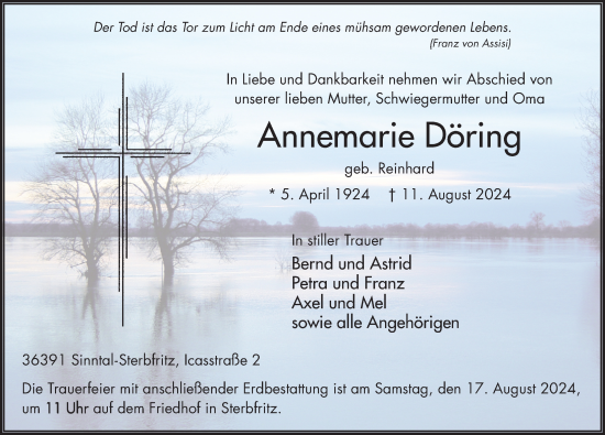 Traueranzeige von Annemarie Döring von FZ